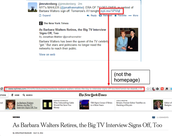 New York Times Tweet Leads to Specific Content not the Homepage