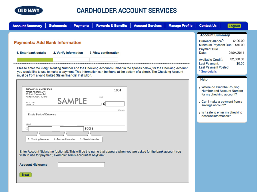 Old Navy bank verification