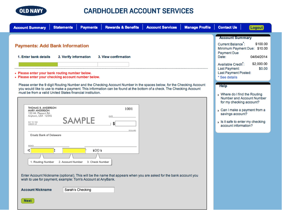 Old Navy bank verification detail