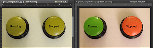 The green and orange buttons are viewed in Photoshop with deuteranopia soft proof and normal (text labels added).