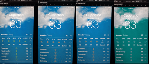 The Weather mobile app, viewed with Chromatic Vision Simulator, shows normal, deuteranope, protanope and tritanope simulations.